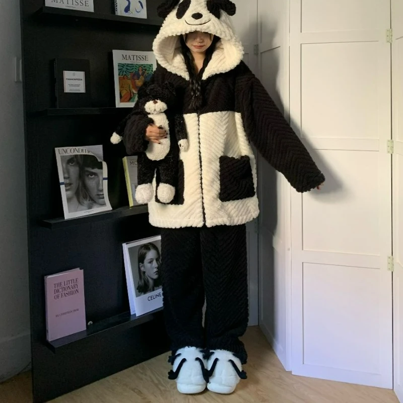 

Cute Girl Panda Meat-covered Pajamas Set Hooded Autumn and Winter Coral Thickened Loungewear 2024 New Winter Comfortable Simple