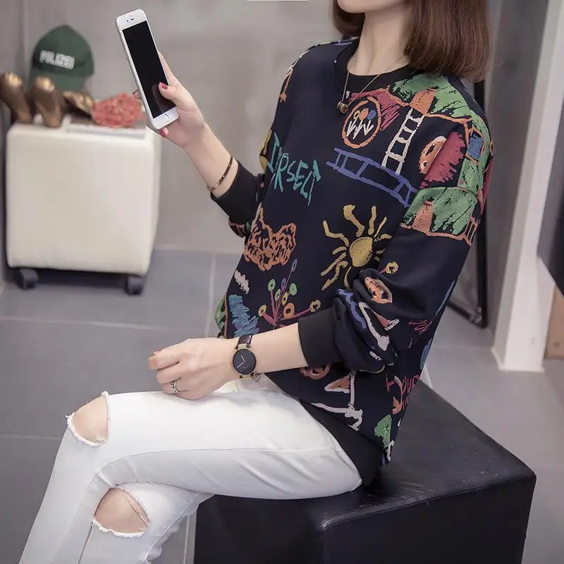 Fashion O-Neck Printed Loose Casual T-Shirt Female Clothing 2023 Autumn Winter New Oversized All-match Tops Commute Tee Shirt
