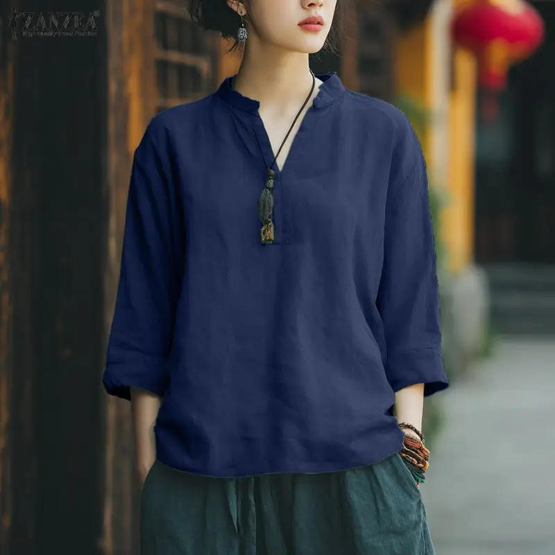 ZANZEA بلوزة كلاسيكية موضة 2025 قمصان نسائية غير رسمية سترة علوية أنيقة فضفاضة للعمل 3/4 كم على شكل حرف v بلوزات مكتب للسيدات #1