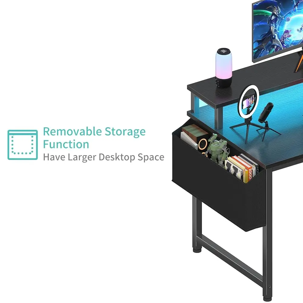 Bla Gaming Desk With Led Lights And Power Outlets, 40 H Teen Writing Study Table Home Office Desks With Monitor Stand, Computer