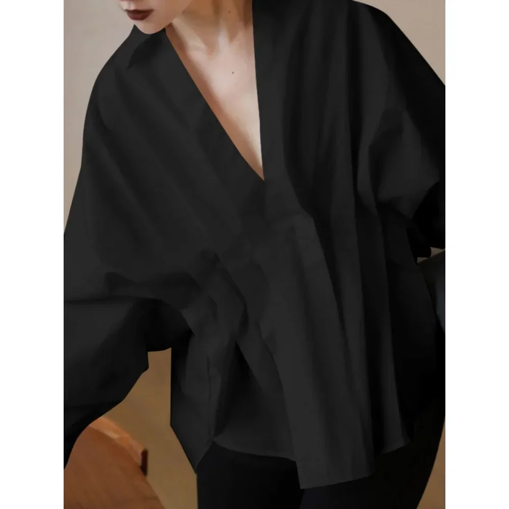 Modigirl Women\'s Blouses Long Puff Sleeves 2025 Spring Summer Pleated Lapel White Black Loose Office ShirtsTops for Female