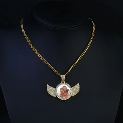 Custom Picture Pendant Iced Out Pendant With Small Circle Angel Wings Diamond Photo Pendant Necklace Gifts Hip Hop Jewelry