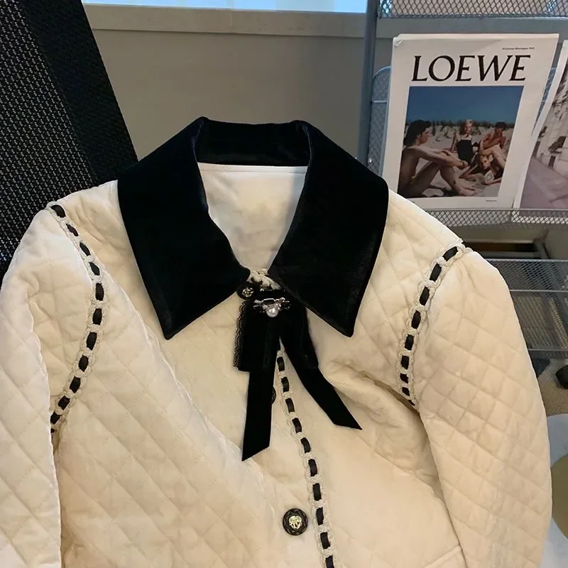 Chaqueta de algodón para mujer, abrigo holgado con sujeción, elegante, color blanco, para otoño e invierno, 2024