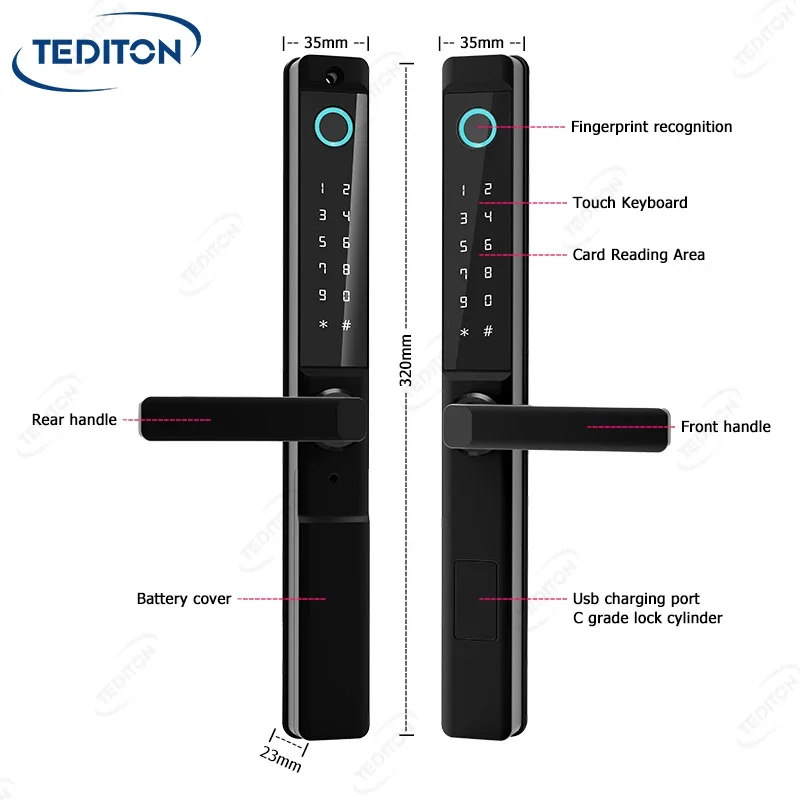 008 Tediton TTlock Outdoor Double Key Smart Lock Slim Aluminum Glass Door Waterproof Double Sided Fingerprint Smart Door Lock