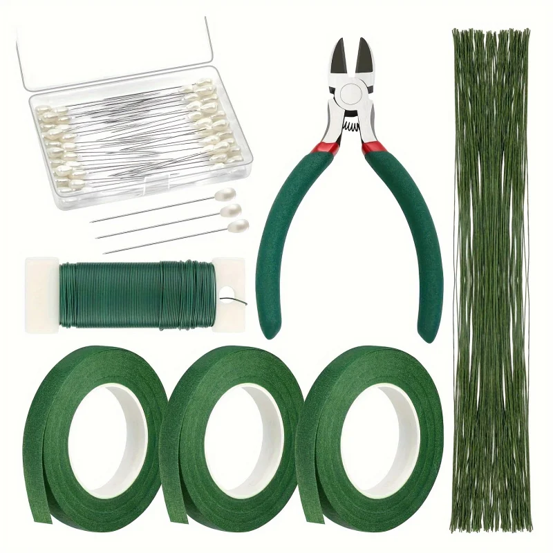 Blumenarrangementset, mit grünem Band und Metalldraht, Boutonniere-Pin, Blumenkranz-Herstellungszubehör, Drahtzange