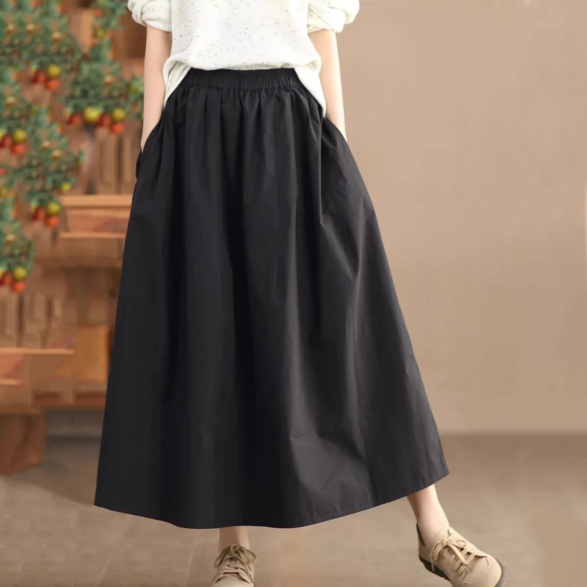 블랙 코튼 A라인 스커트 여성용 루즈 플레어 미디 스커트 빈티지 스타일 출퇴근용 중간 허리 순색 비즈니스 캐주얼 스커트