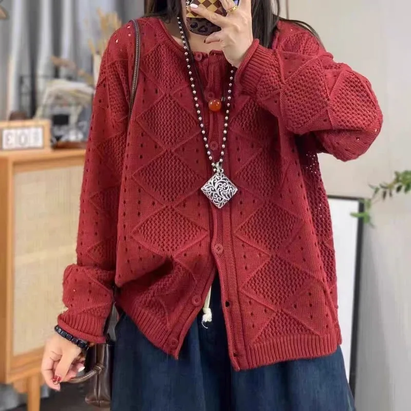 

Retro Loose Casual Versatile Round Neck Hollow Crochet Knitted Cardigan Sweater Jacket
