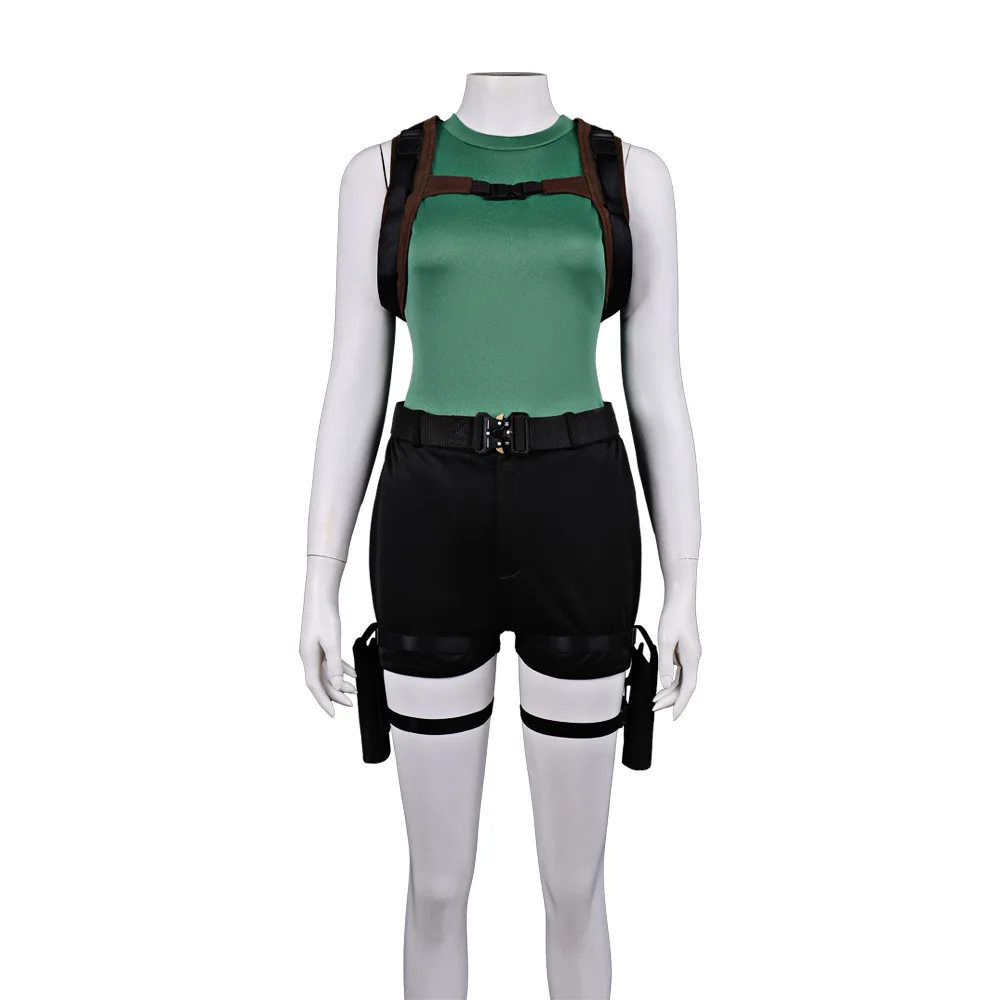 

Halloween Adventure Role Play Lara Croft Cosplay Green Tank Top Black Shorts Costume For Women