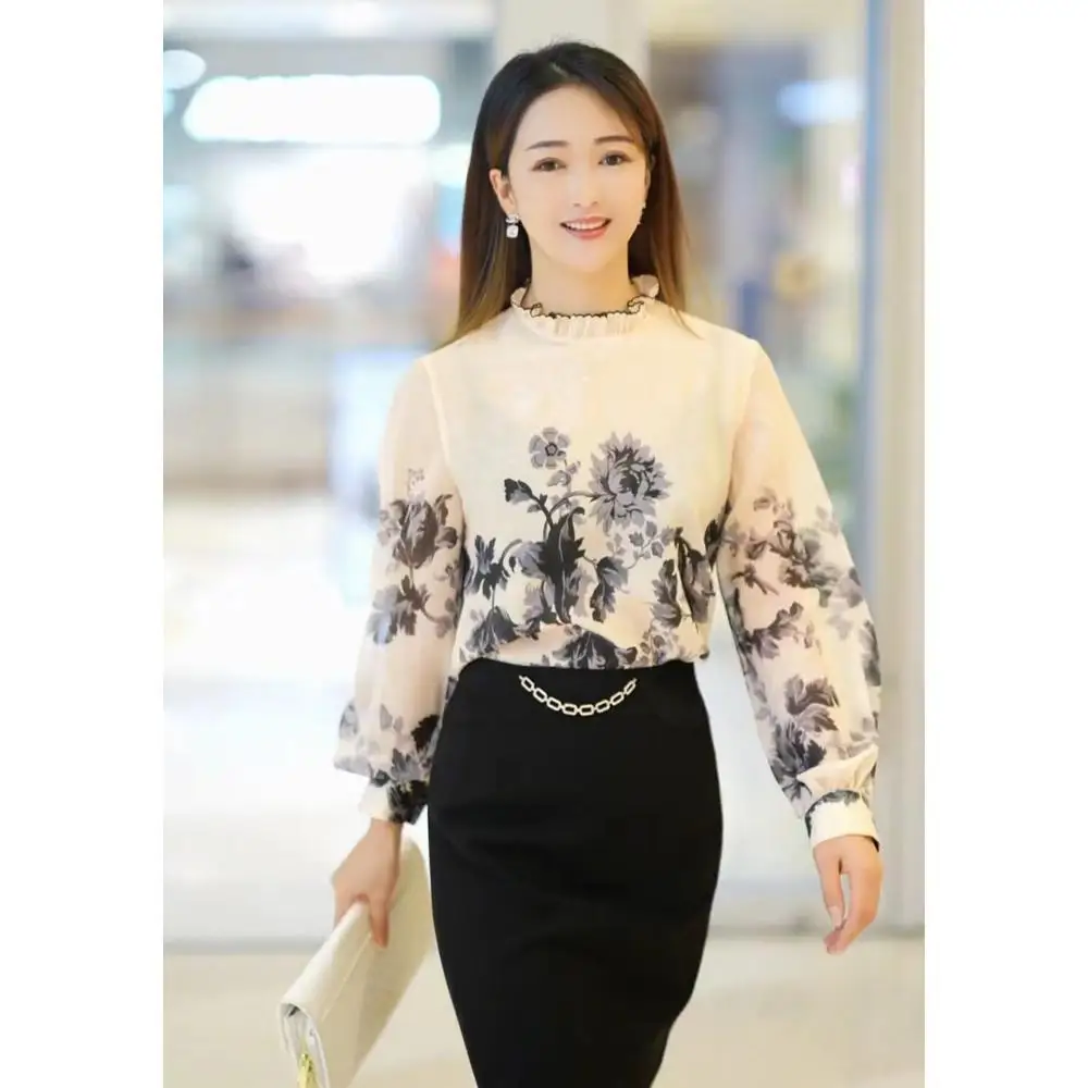 Ink Painting Printed Shirt New Simulation Silk Long Sleeved Western-style Loose and Versatile Stand Up Collar Chiffon Shirt