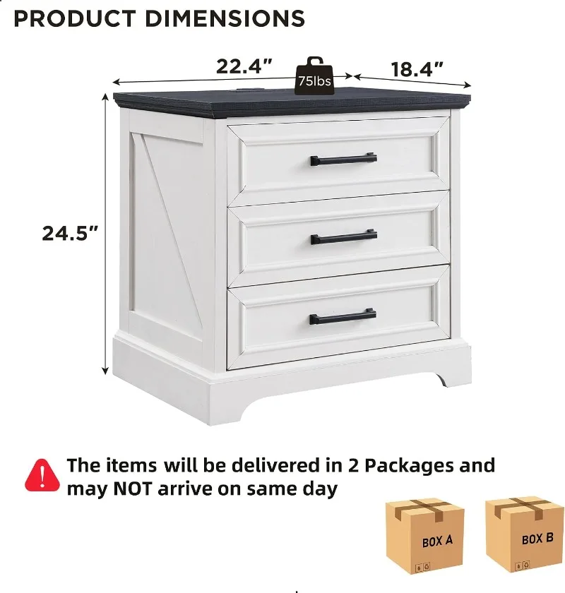 ACCOHOHO Farmhouse Nightstands Set of  22 Inch Wide End Table with Charging Station & 3 Large Drawers Rustic Wood Small Dresser view 3