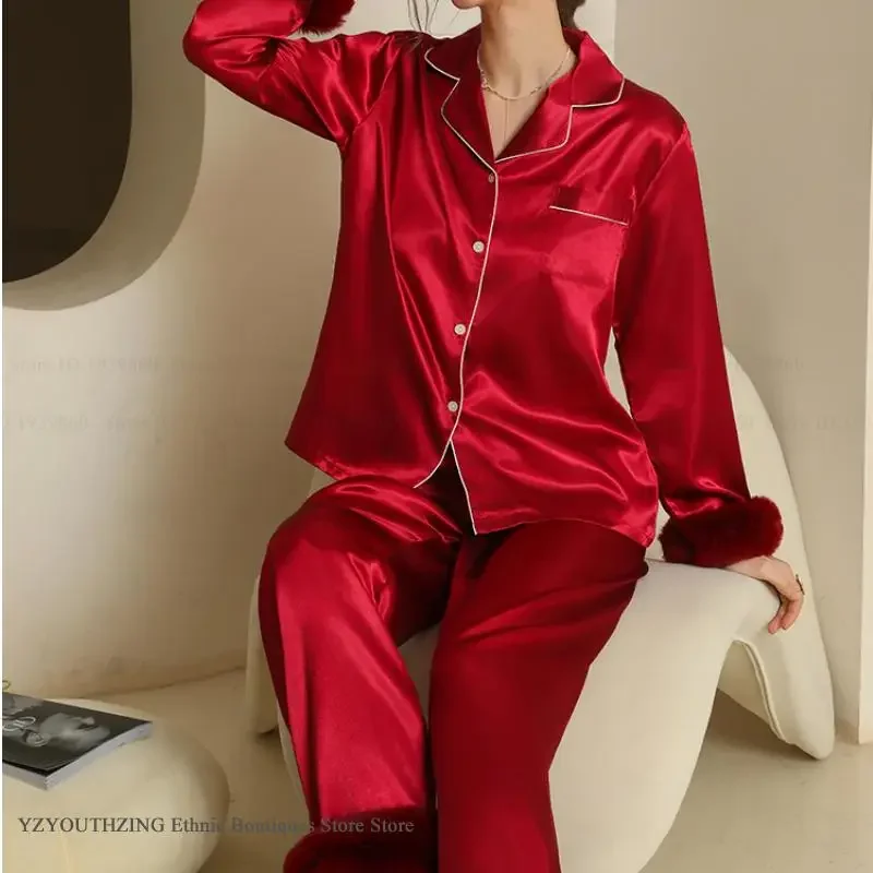 

Female 2Pcs Pajamas Set Homewear Sexy Burgundy Satin Trouser Pijamas Suit with Feather Spring Autumn Loose Sleepwar Loung Wear