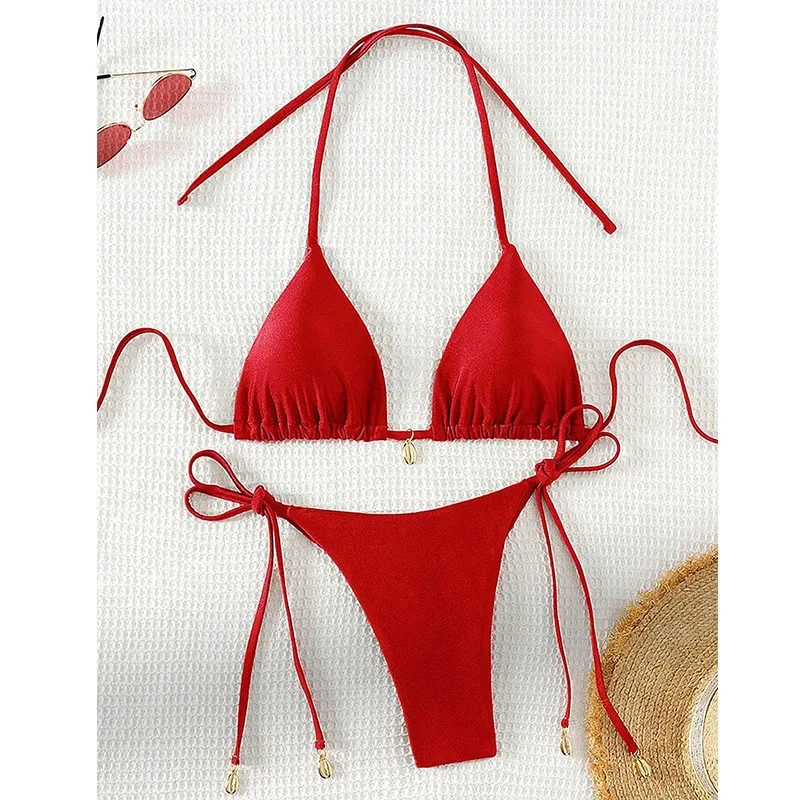เซ็กซี่ Halter ชุดบิกินี่สีทึบชุดว่ายน้ําสตรี 2 ชิ้นสามเหลี่ยมชุดว่ายน้ําชุดว่ายน้ําฤดูร้อนบราซิล Biquinis