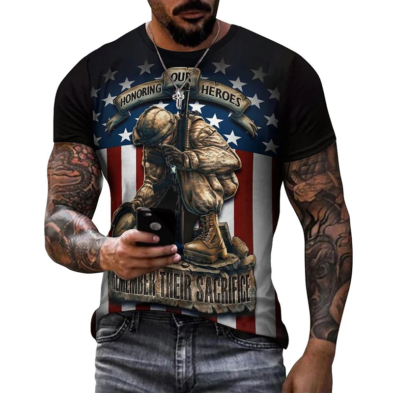 Military U.S. Army Tactical T Shirt Men Clothing 3D Printed America Flag Graphic Short Sleeve Summer Oversized O Neck Tshirt Tee