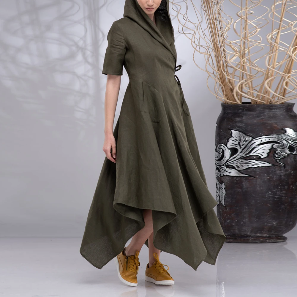 

Plus Size Irregular Hooded Women Dress Casual Solid Short Sleeve Loose Lace Up Waist Cape Dress Female Summer Big Pocket Dresses