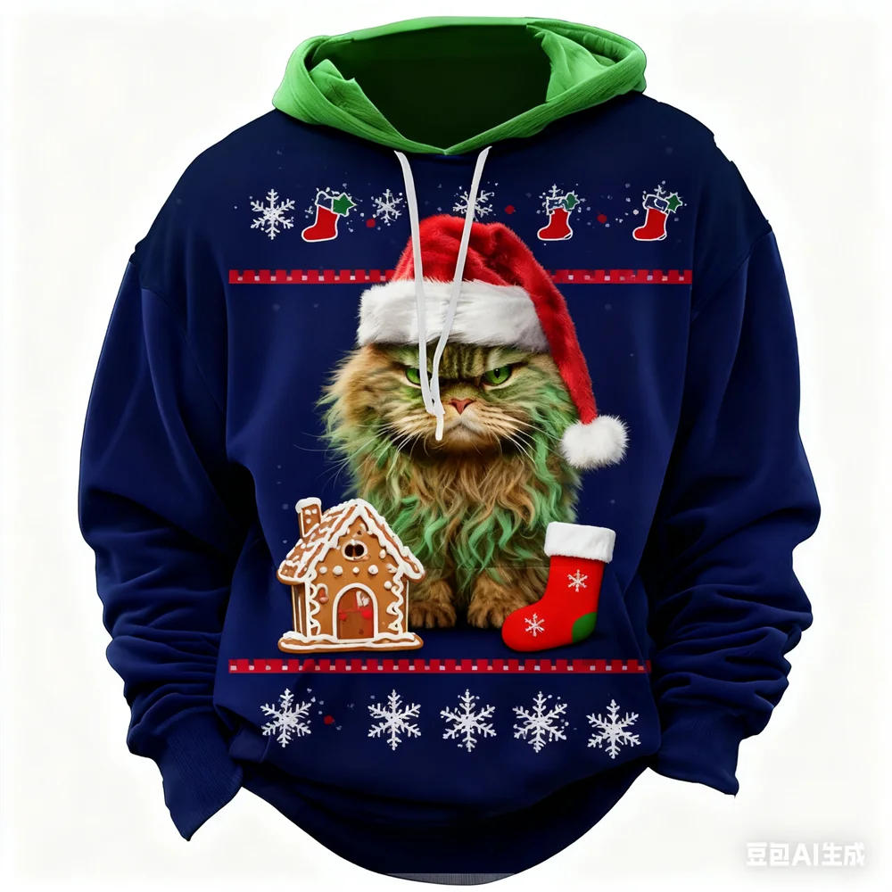 

X'mas Element Print Hoodies For Men Autumn And Winter New Sweatshirts Christmas Harajuku Oversized Clothing Casual Pullover Tops