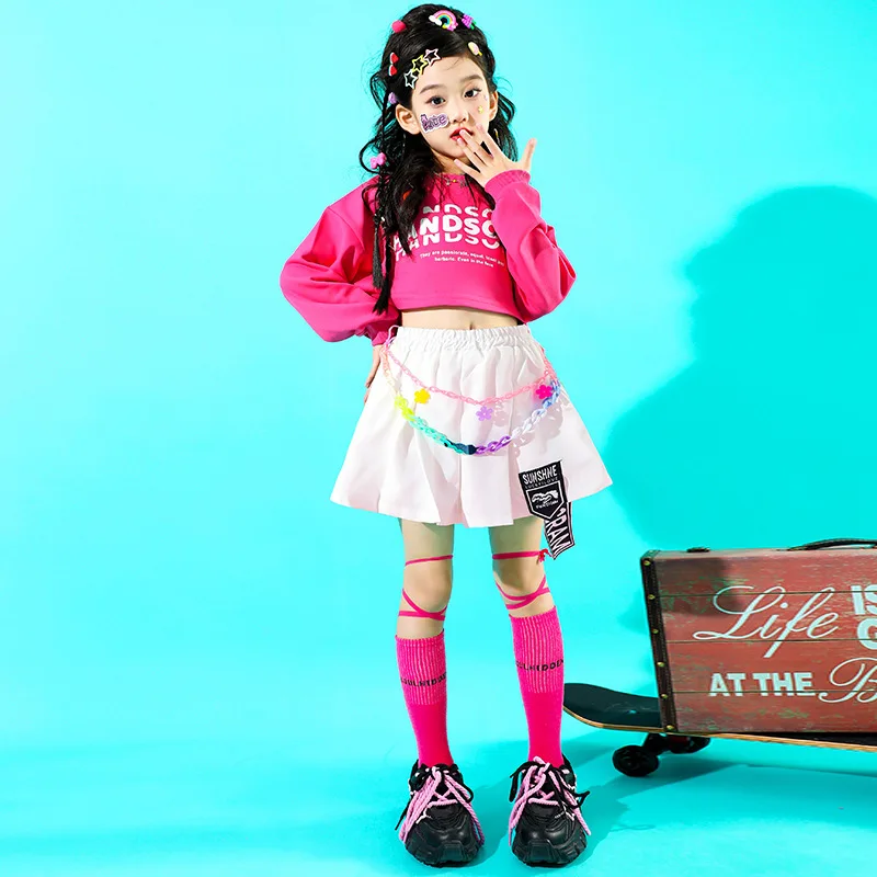 Girls Hip Hop Crop Top Cargo Pants Child Sweatshirt Plaid Skirt Kid Streetwear Jazz Cheerleader Street Dance Costume Clothes Set