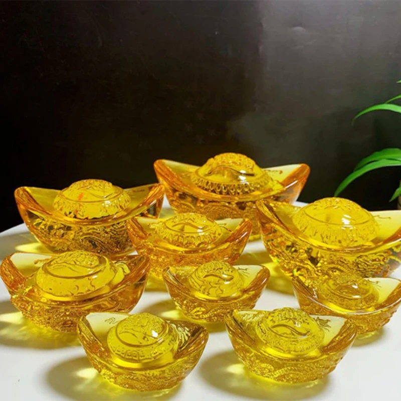 Chinese Style Citrine Ingot Gold Crystal Glass Colored Glaze Wealth Money Feng Shui Craft Figurines Home Decor