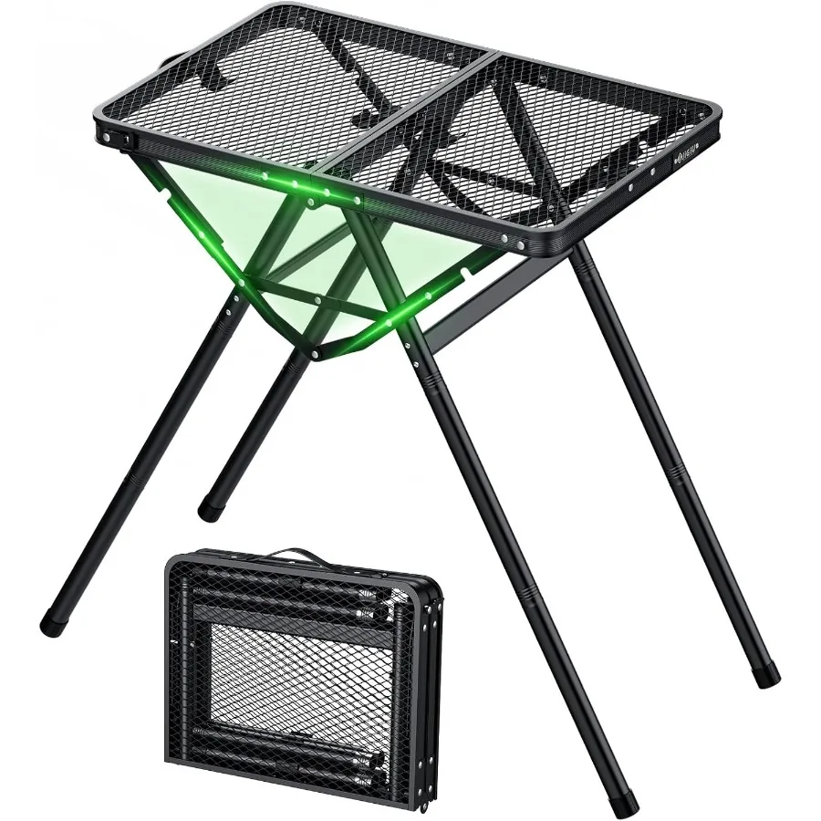 

Adjustable Height Folding Camping Table with Carry Handle Durable Black Iron Mesh Top Supports Up to 180lbs Stable Wide Feet fo