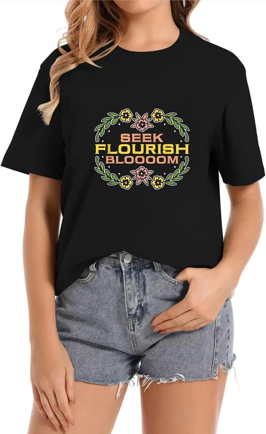 

Seek Flourish Bloooom Повседневная винтажная летняя футболка с круглым вырезом и короткими рукавами с рисунком для женщин