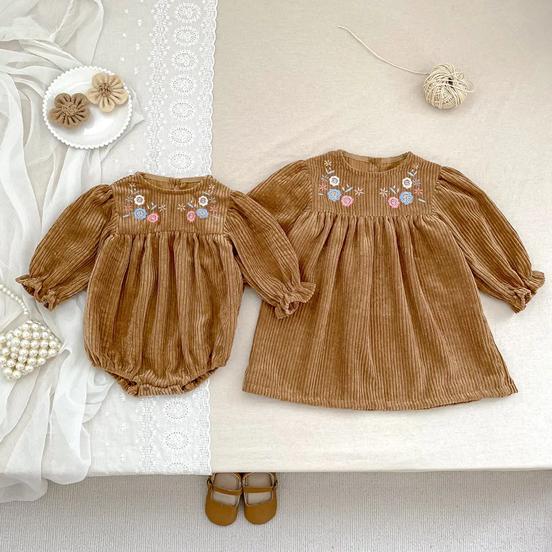 

Spring Korean Style Girls' Matching Sister Set Long Sleeve Bodysuit with Embroidery Princess Outfit Infant Romper Baby Clothes