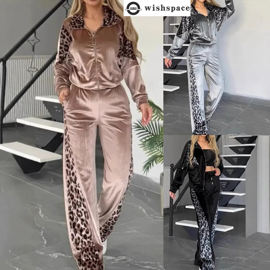 

Women's Suit 2025 Latest European and American New Leopard Print Contrasting Long Pants Long Sleeved Women's Suit