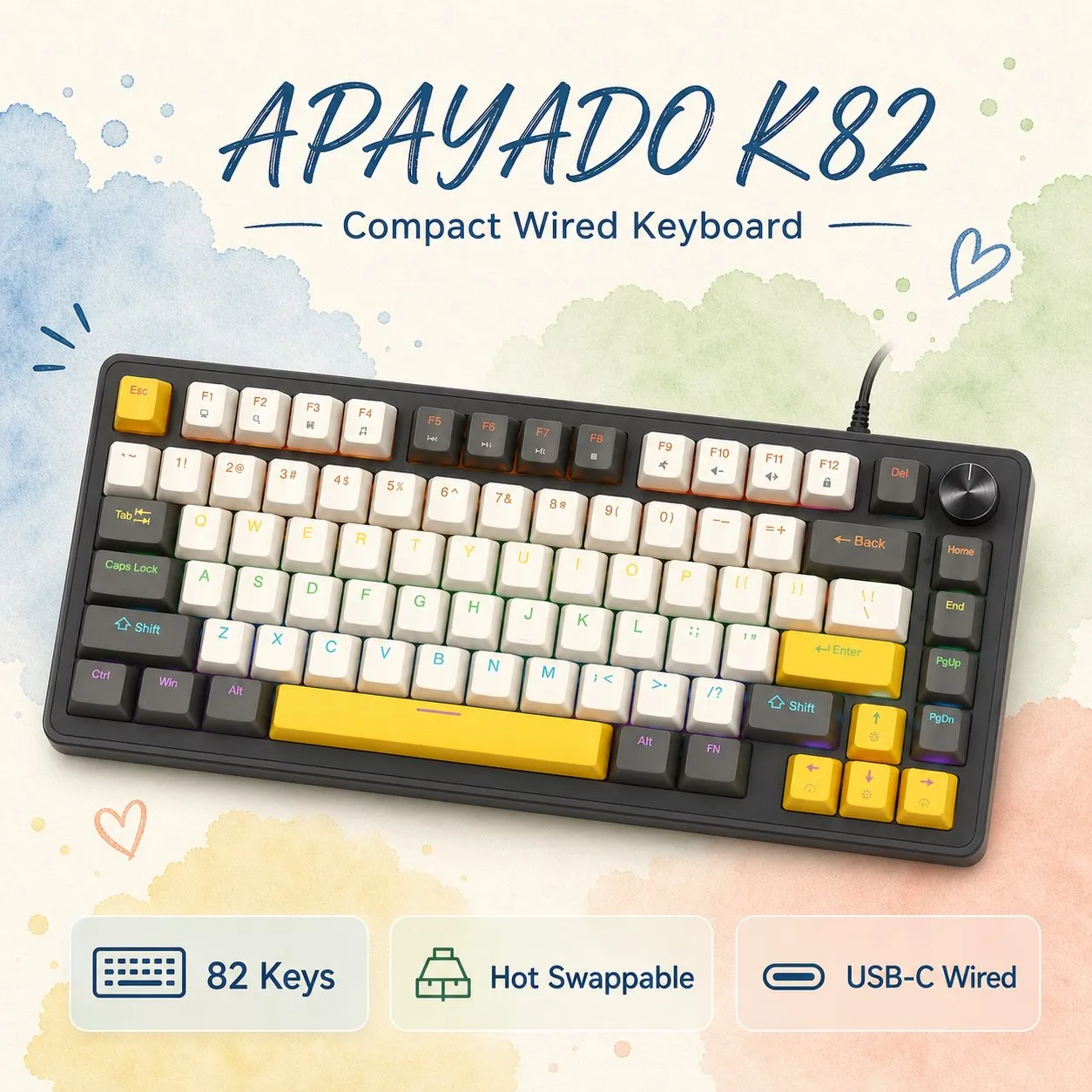 APAYADO K82 Mechanical Keyboard USB Detachable Wired Connection Dual Switch Options Full N-Key Rollover Customizable RGB
