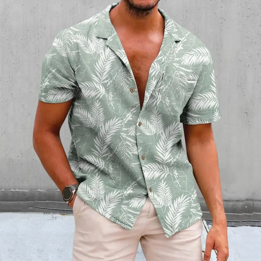 Summer Beach Shirt Tropical Leaves Print Hawaiian Shirt for Men Beachwear Top with Short Sleeves Single-breasted Design for Guys