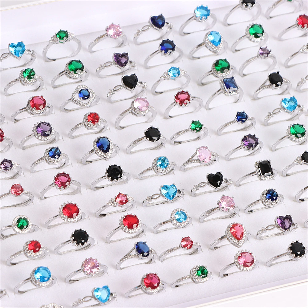 20Pcs/Lot Colorful Zircon Rhinestone Opening Women Rings Wedding Engaged Anniversary Valentine\'s Day Jewelry Accessories Gifts