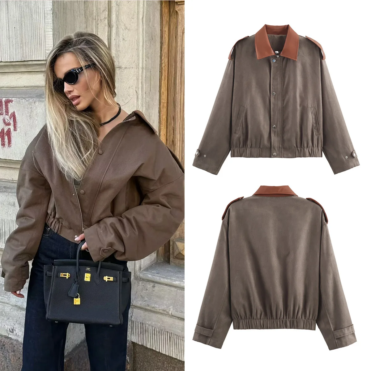 

KIDCRKJ Color Blocked Spring Women Coat Elastic Hem Lapel Collar Single Breasted Female Suede Coat Minimalist Chic Lady Jacket