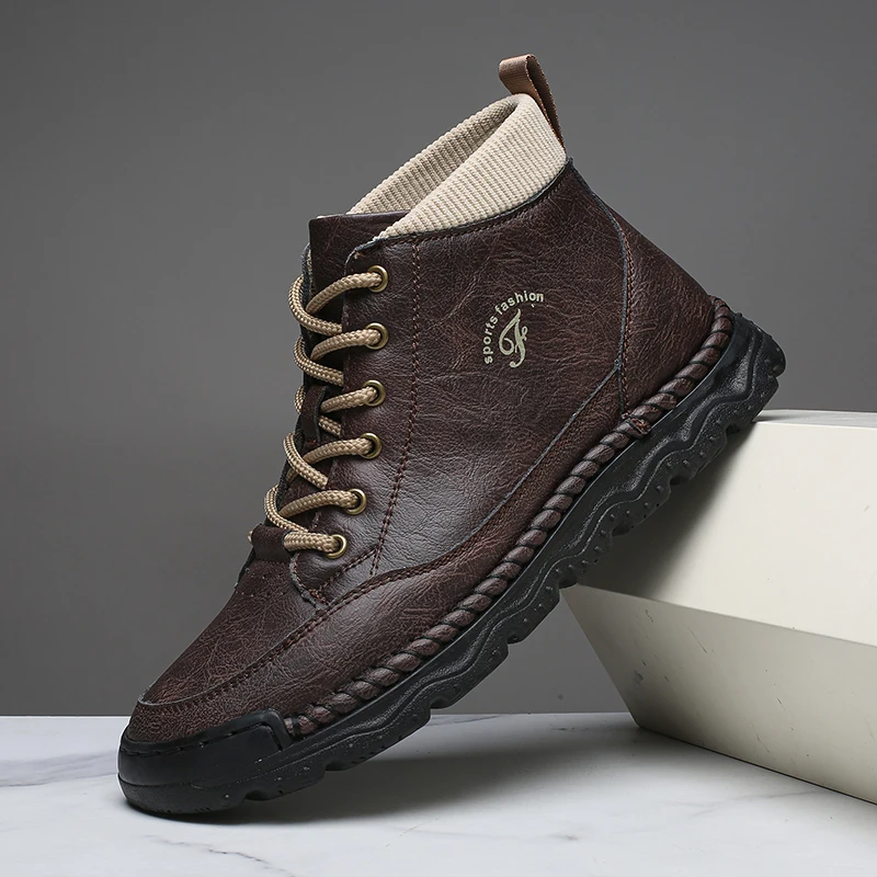

Brand Men's Breathable Outdoor Casual Leather Boots Fashionable Autumn Men's Comfortable Lace Up Soft Soled High Top Short Boots