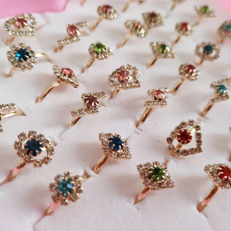 10/20/36pc Mixed Assorted Heart Oval Flower Mix Styles Colorful Crystal Adjustable Rings Baby Kids Girls Party Gifts