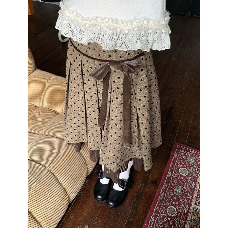 

Vintage Polka Dots Mini Skirt Women Harajuku Bow Patchwork Pleated Skirts Japanese Streetwear High Waist Casual A Line Faldas