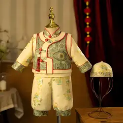 Winter New Clothing Embroidery Hanfu Tang Suit Baby Tops Pants Hat Sets Newborn Birthday Baptism Boys Outfits A3376