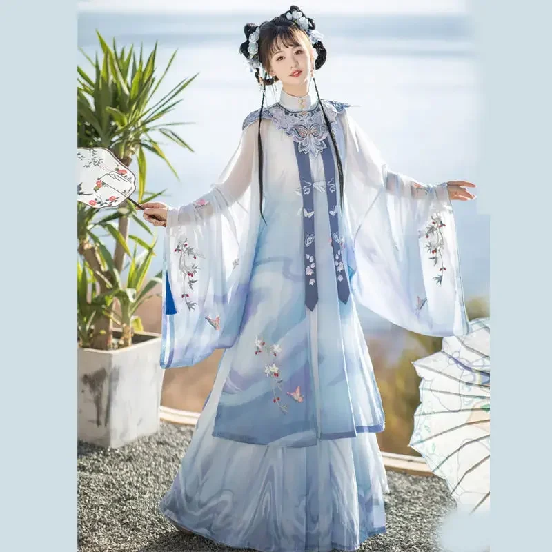 Blue Hanfu Traditional style butterfly female skirt Heavy embroidery high quality Ming pleated skirt cape summer daily clothes