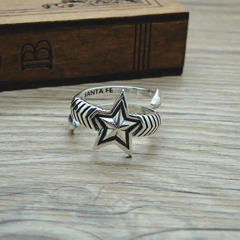 

S925 Sterling Silver Ring Simple and Fashionable Retro Thai Silver Double Arrow Five Point Star Open Ring for Men and Women's Eu