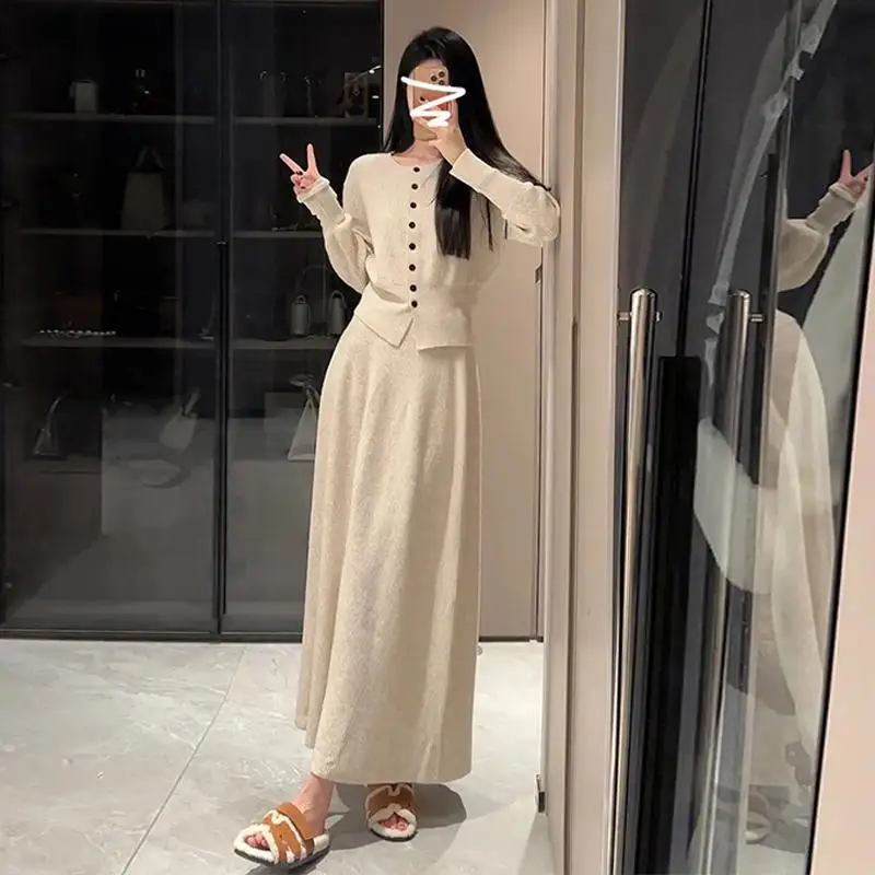 Women Autumn Winter Knit Cardigan Long A-Line Skirts Two Piece Set Lady Solid Beige Slim Thin Bottoming Sweater Skirt Outfits