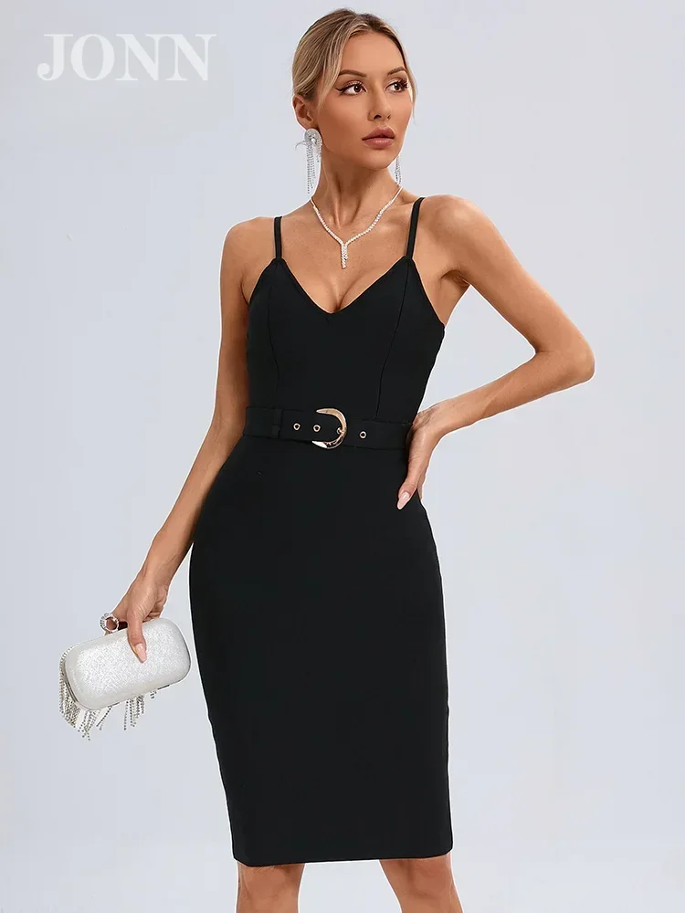 

JONN 2024 Black Bandage Dress for Women Sexy Deep V-Neck Sleeveless Knee-Length Gown with Belt Summer Fashion