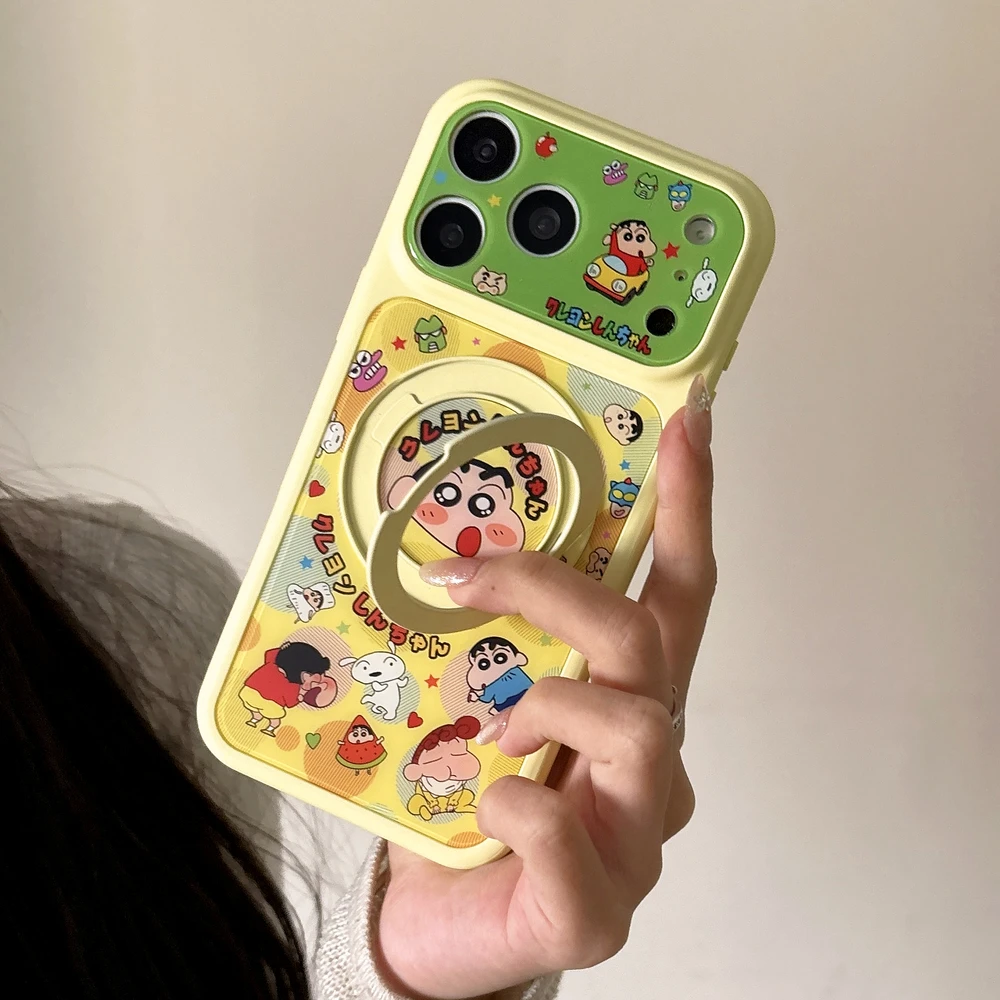 

Cute Cartoon Japan Anime Crayon Shin-chan 360°Rotation Stand Phone Case For iPhone 17 16 15 Pro Max Cases With Ring Holder Cover