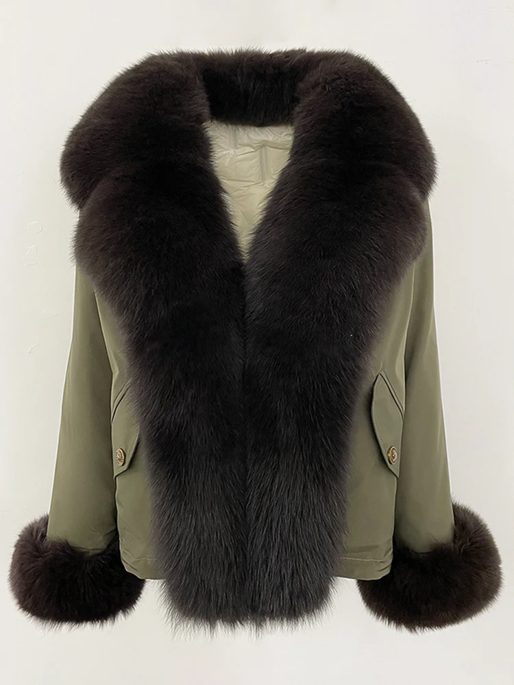 2025 여성용 따뜻한 퍼 커프스 패딩 재킷 패션 빅 리얼 폭스 퍼 칼라 다운 코트 신상 방수 가을 겨울 의류 여성용