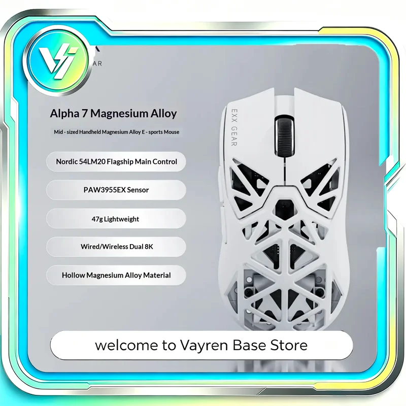 Mouse Gamer Sem Fio EXX Alpha 7 em Pré-Venda, 47g, Estrutura Oca em Liga de Magnésio, Sensor 3955, Tri-Mode para PC, E-sports e Configuração de Deskto