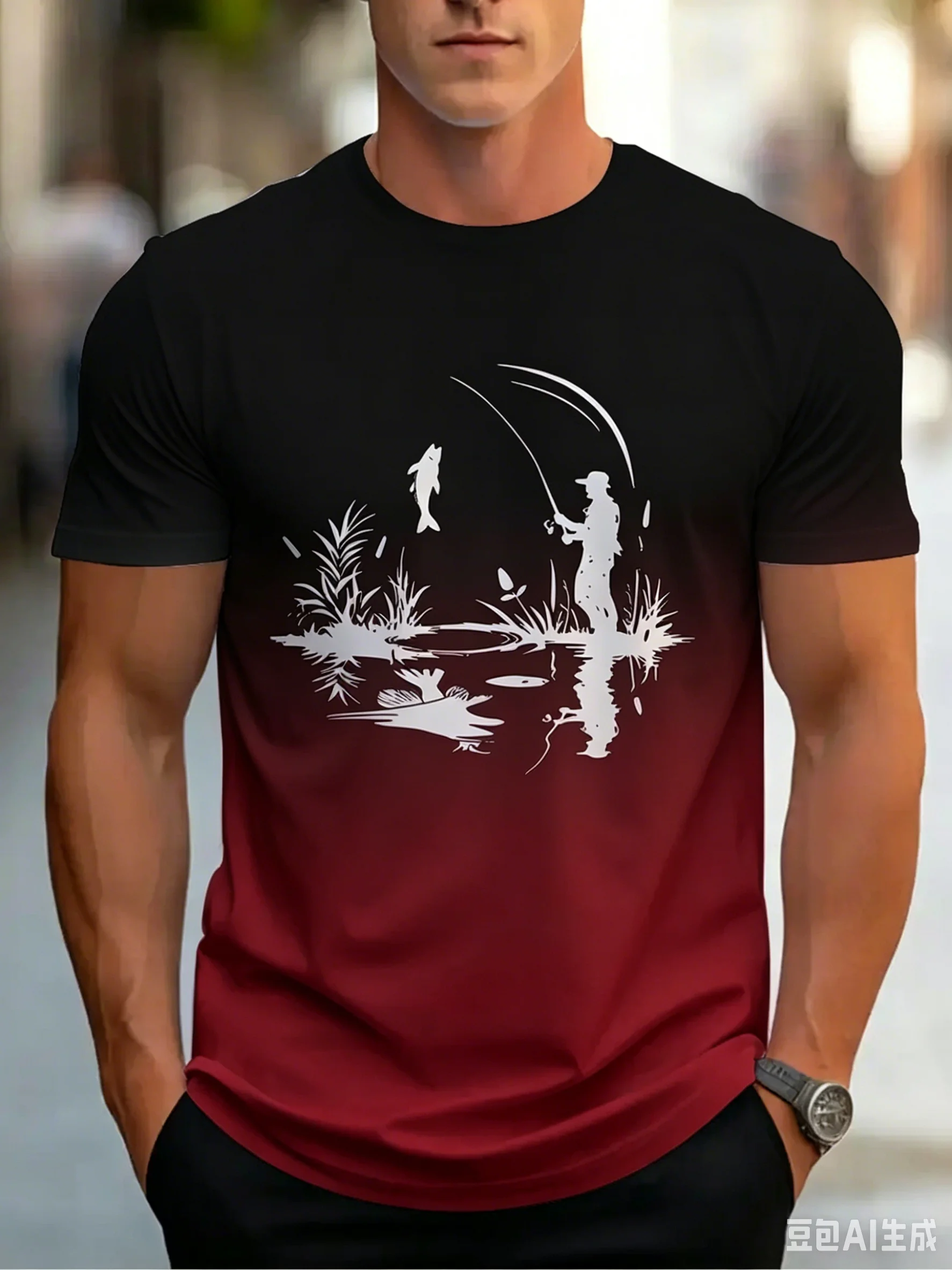 Men Gradient Short Sleeve T-Shirt, Black-to-Dark Red Fisherman Fishing Silhouette Graphic Casual Outdoor Summer Short Sleeve Top