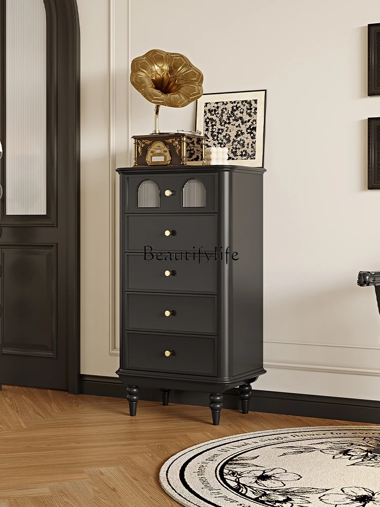 French Retro Black Solid Wood Glass Chest of Drawers Living Room Wall Bedroom Storage Locker