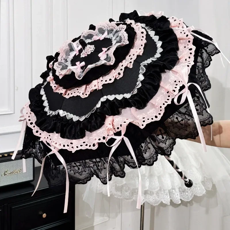 Bowknot Satin Ribbon Sweet Lolita Parasol Black Pink Tea Party Sunshade Cosplay Photo Prop Elegant Gothic Costume Accessory