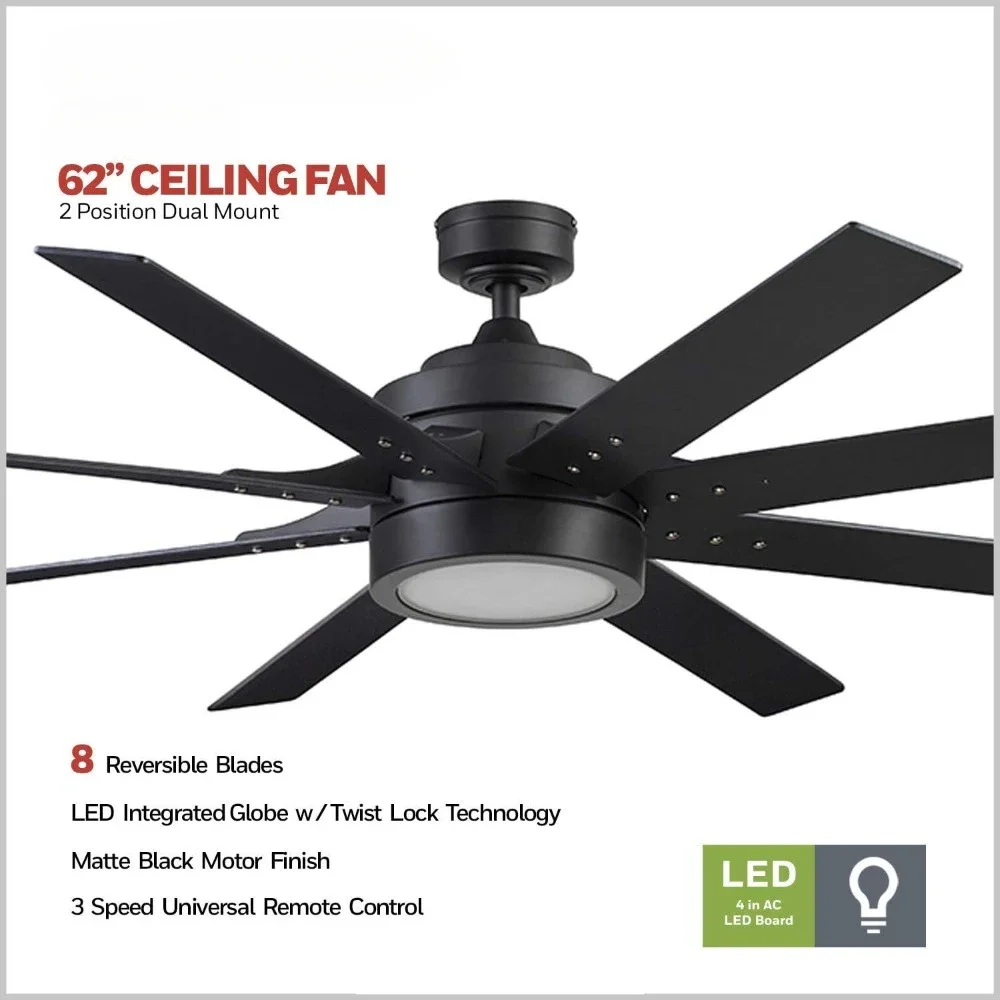 62 Inch Contemporary LED Ceiling Fan with Light and Remote Control, 8 Blades with Dual Finish, Reversible Motor - (Matte Black)