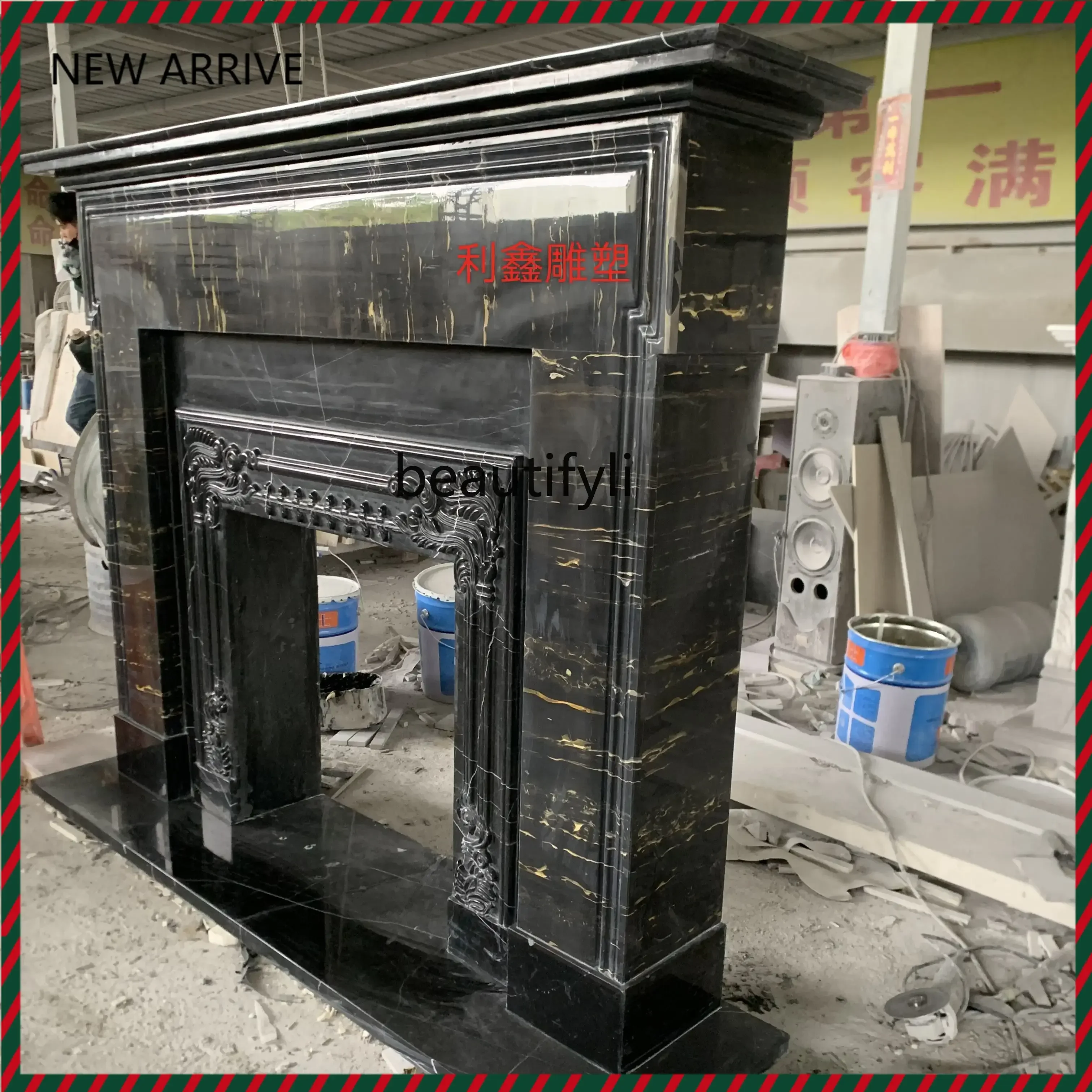 

KK32 French fireplace marble mantel black gold flower stone retro living room