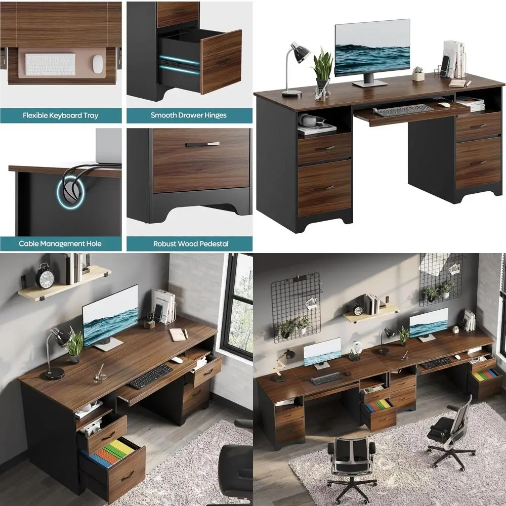 

Промышленный офисный стол Cherry Executive с 4 ящиками, отсеком для хранения, выдвижной полкой для клавиатуры и 2 тумбами для домашнего офиса и студии