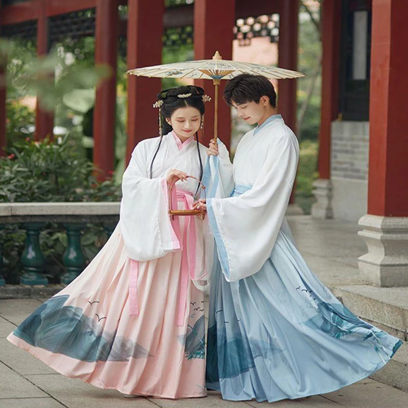 Hanfu Unisex Couples Matching Men Women Wuxia Cosplay Weijin Dynasty Big Sleeve Tops And Skirt Two Piece Set Costume Party