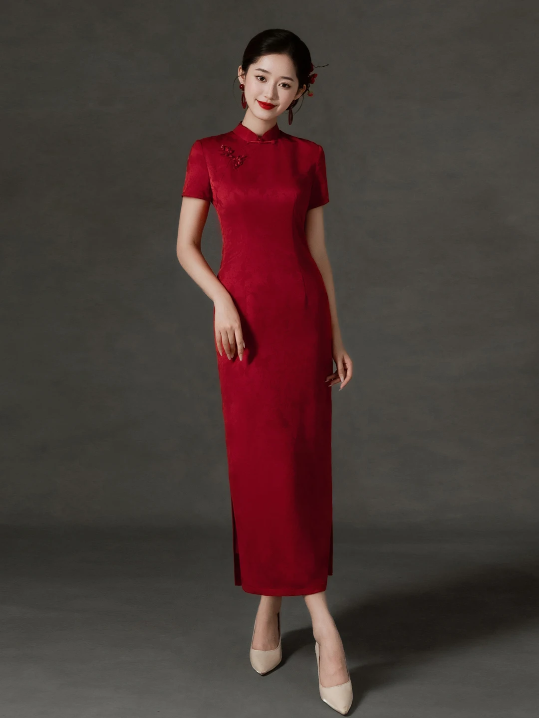 

Young Parent Wedding Dress Retro Style Long Qipao Short Sleeve Low Slit Breathable Fabric Wedding Celebration Dress