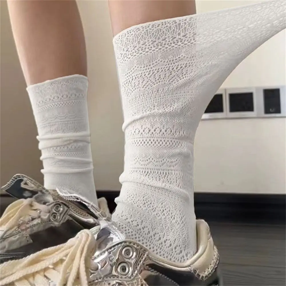 

Lolita Mesh Hollowed Out White Pile Socks Transparent Nylon Lace Socks Thin Retro Flower Crew Socks Women Ladies