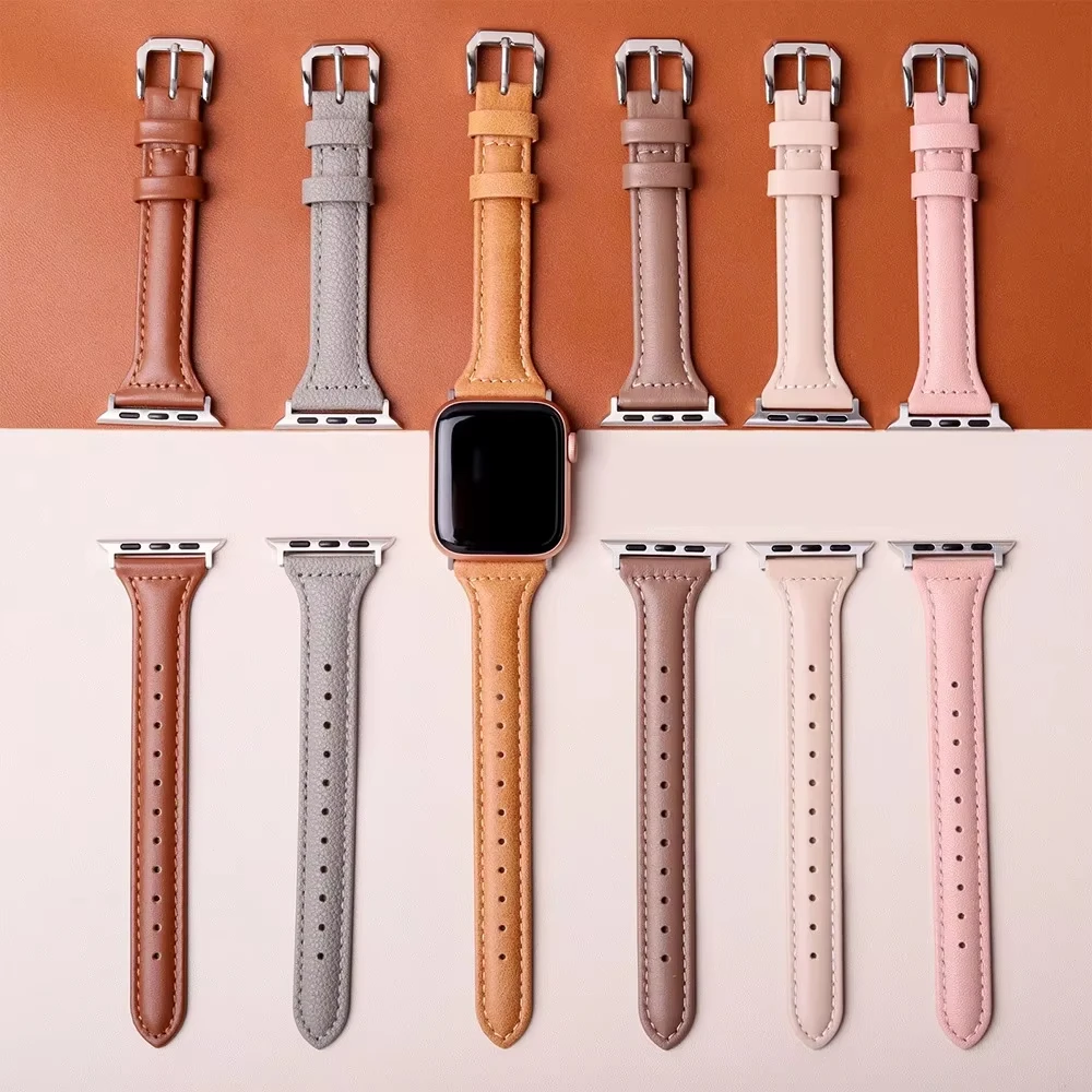Тонкий кожаный ремешок для Apple Watch Band 45 мм Ultra 2 49 мм 38 мм 42 мм 41 мм 44 мм 40 мм женский браслет iwatch Series 9 4 5 SE 6 7 8 3